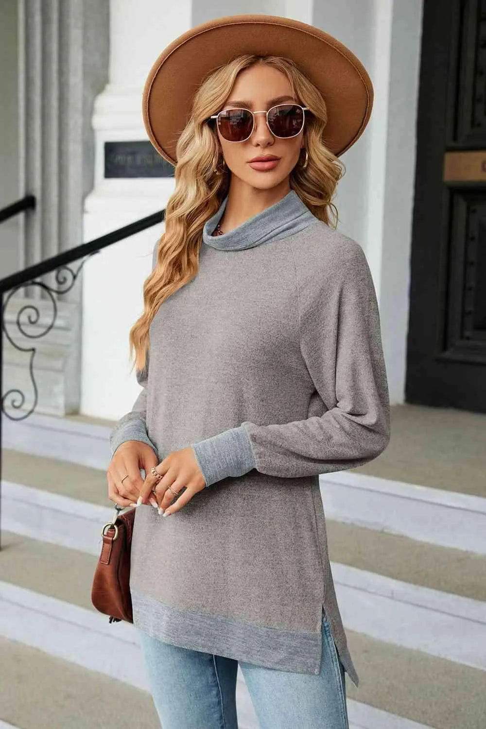Turtle Neck Long Sleeve Slit Blouse Blouses - Tophatter Daily Deals