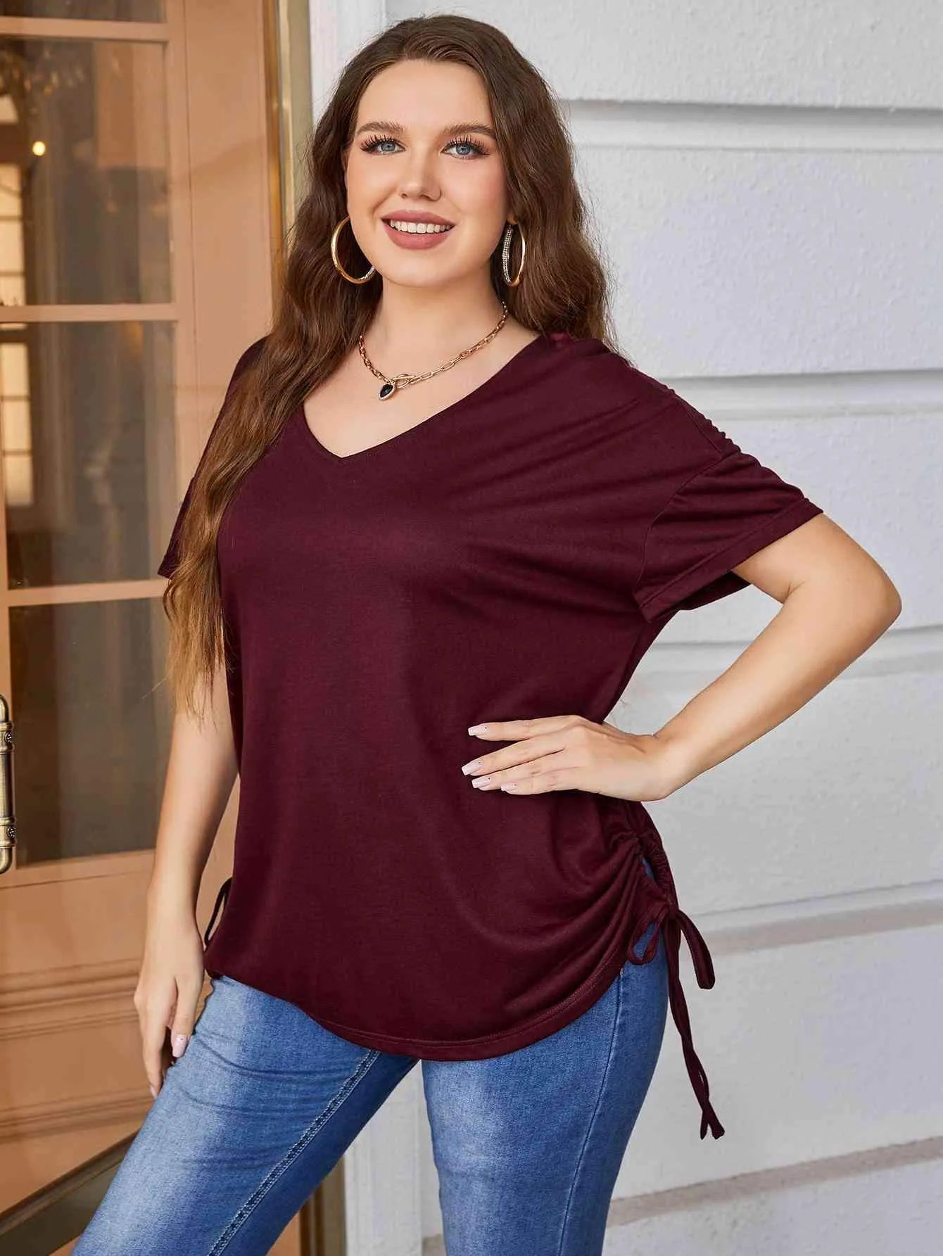 Plus Size Drawstring V-Neck Short Sleeve Blouse Blouses - Tophatter Daily Deals