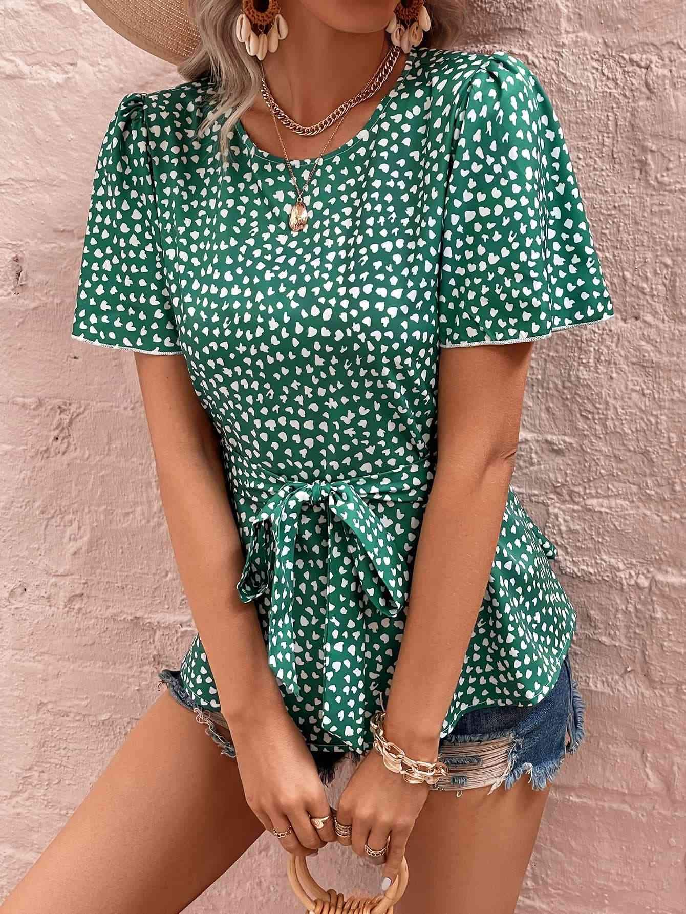 Heart Print Tie Belt Puff Sleeve Blouse Blouses - Tophatter Daily Deals