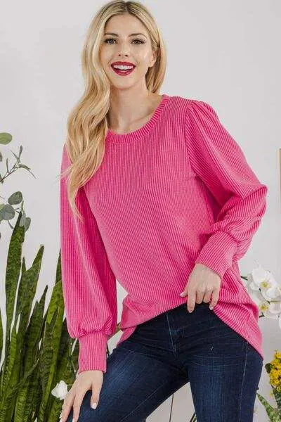 Celeste Full Size Striped Round Neck Lantern Sleeve Top Blouses - Tophatter Daily Deals