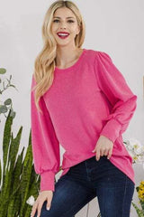 Celeste Full Size Striped Round Neck Lantern Sleeve Top Blouses - Tophatter Daily Deals