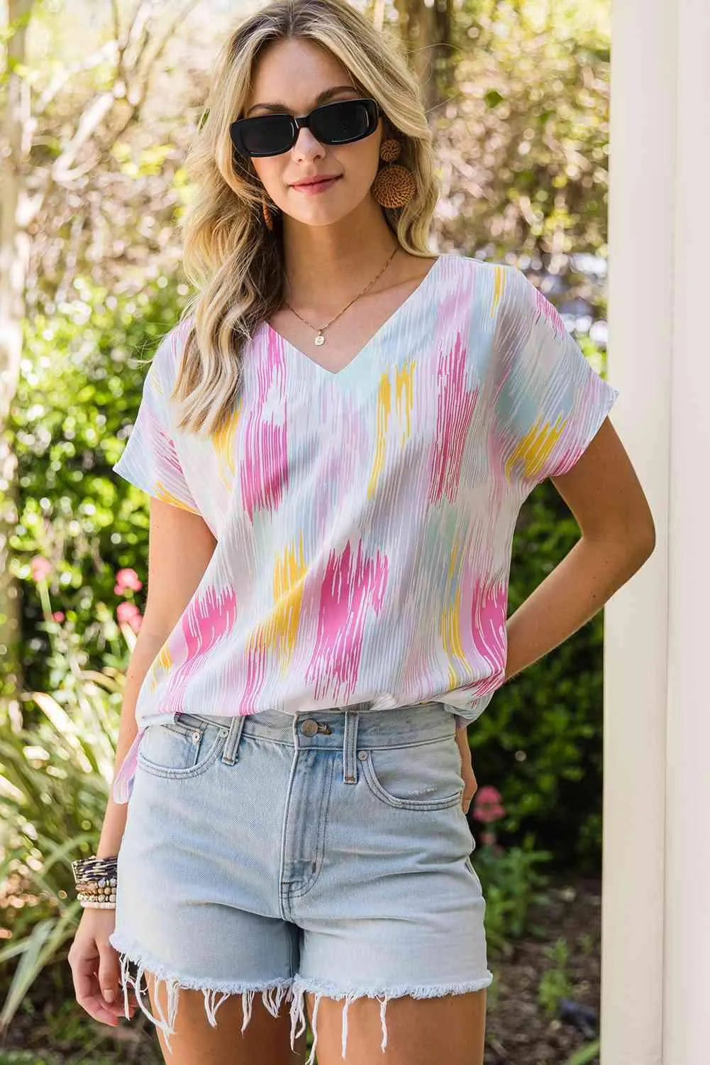 High-Low V-Neck Short Sleeve Blouse Multicolor Blouses - Tophatter Daily Deals