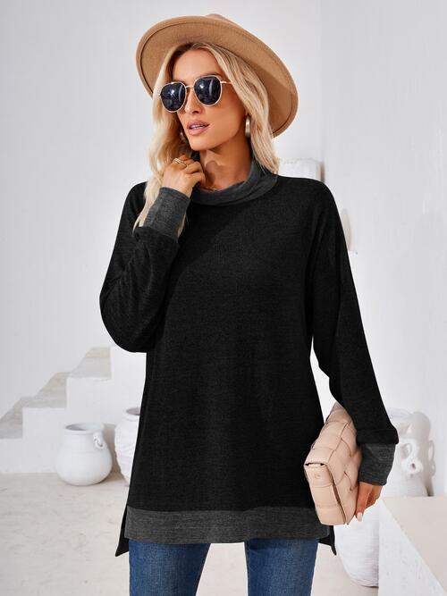 Contrast Mock Neck Long Sleeve T-Shirt Women's T-Shirts - Tophatter Daily Deals