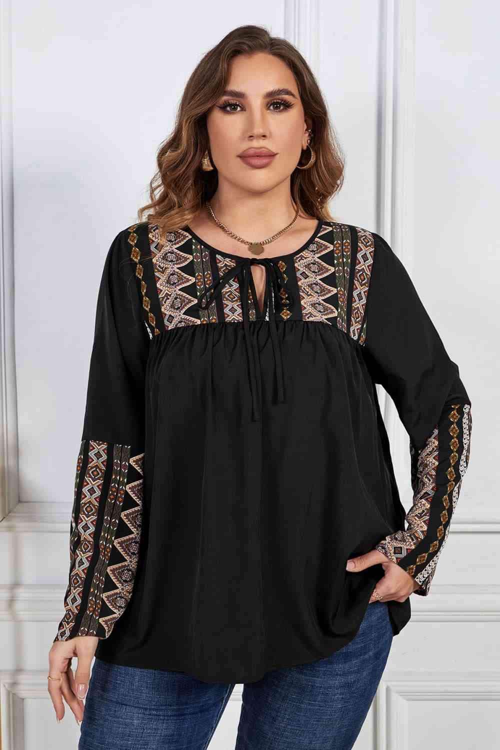 Melo Apparel Plus Size Printed Round Neck Tie Front Blouse Blouses - Tophatter Daily Deals