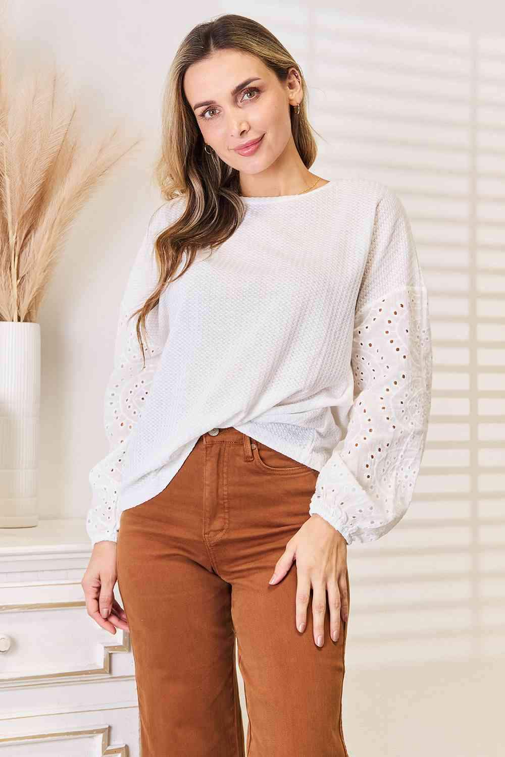 Double Take Eyelet Dropped Shoulder Round Neck Blouse Blouses - Tophatter Daily Deals