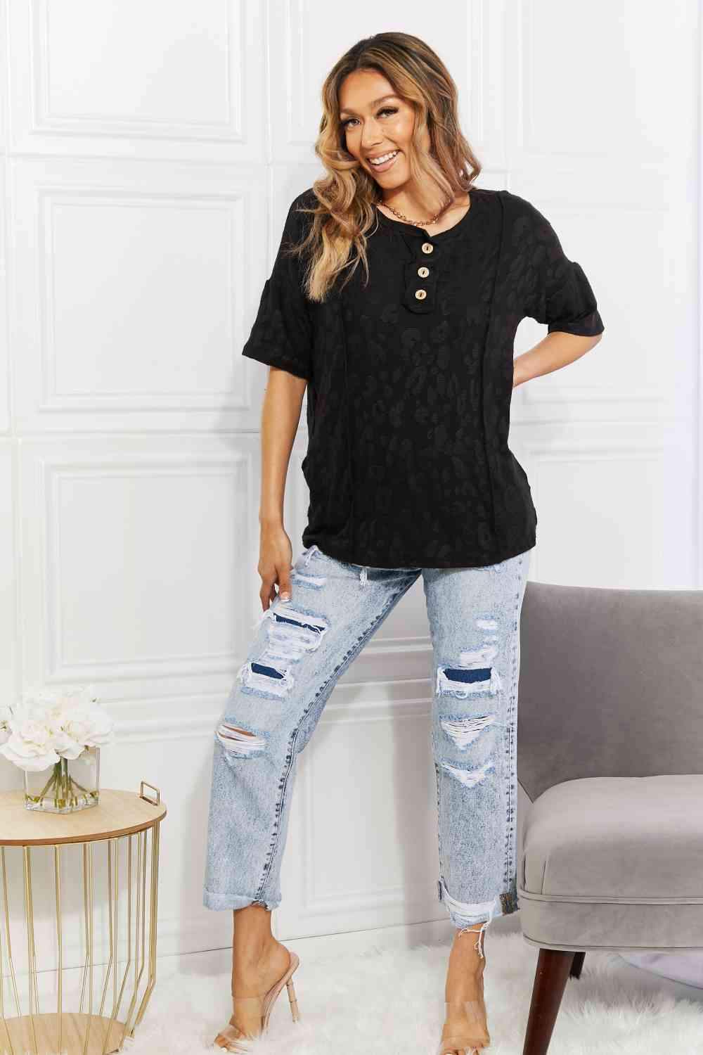 BOMBOM At The Fair Animal Textured Top in Black Blouses - Tophatter Daily Deals