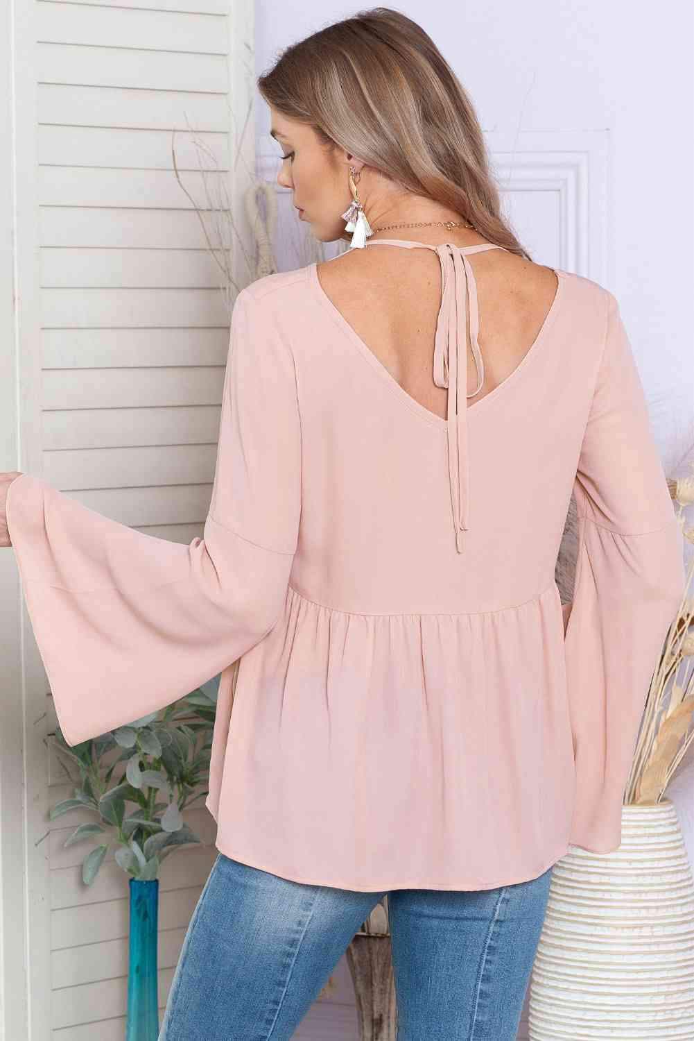 V-Neck Flare Sleeve Blouse Blush Pink Blouses - Tophatter Daily Deals