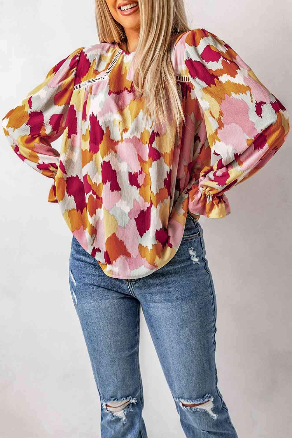 Printed Flounce Sleeve Buttoned Blouse Blouses - Tophatter Daily Deals