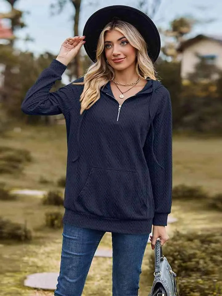 Cable-Knit Zip-Up Hooded Blouse Navy Blouses - Tophatter Daily Deals