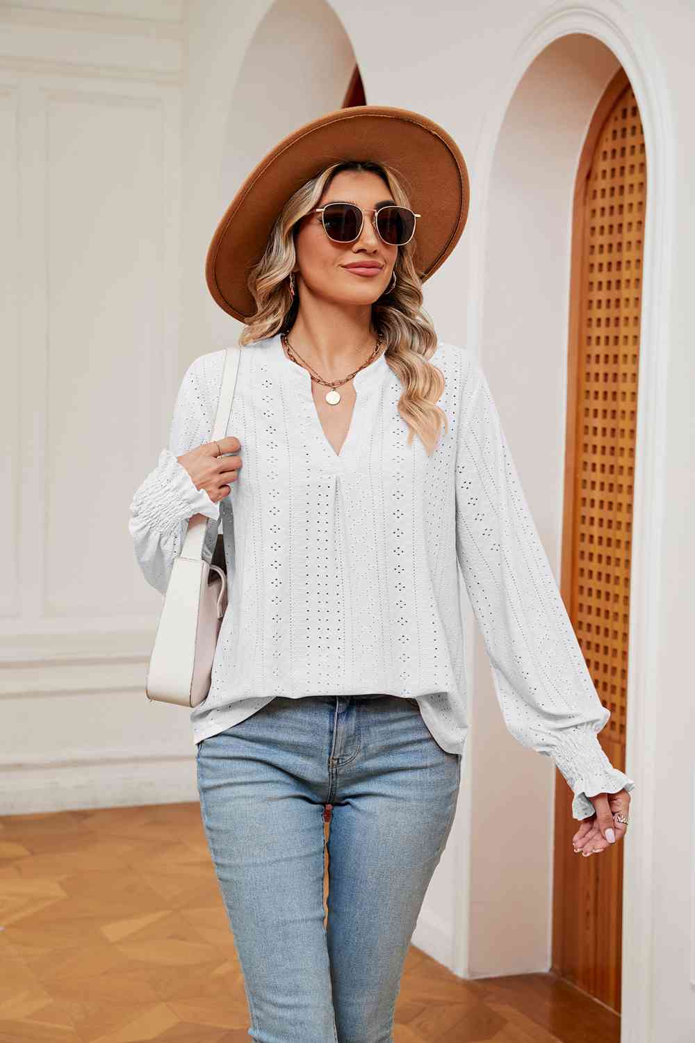 Notched Neck Flounce Sleeve Blouse - Tophatter Deals