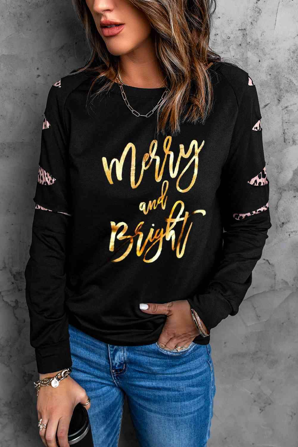 MERRY AND BRIGHT Graphic Long Sleeve Top Black Women's T-Shirts - Tophatter Daily Deals