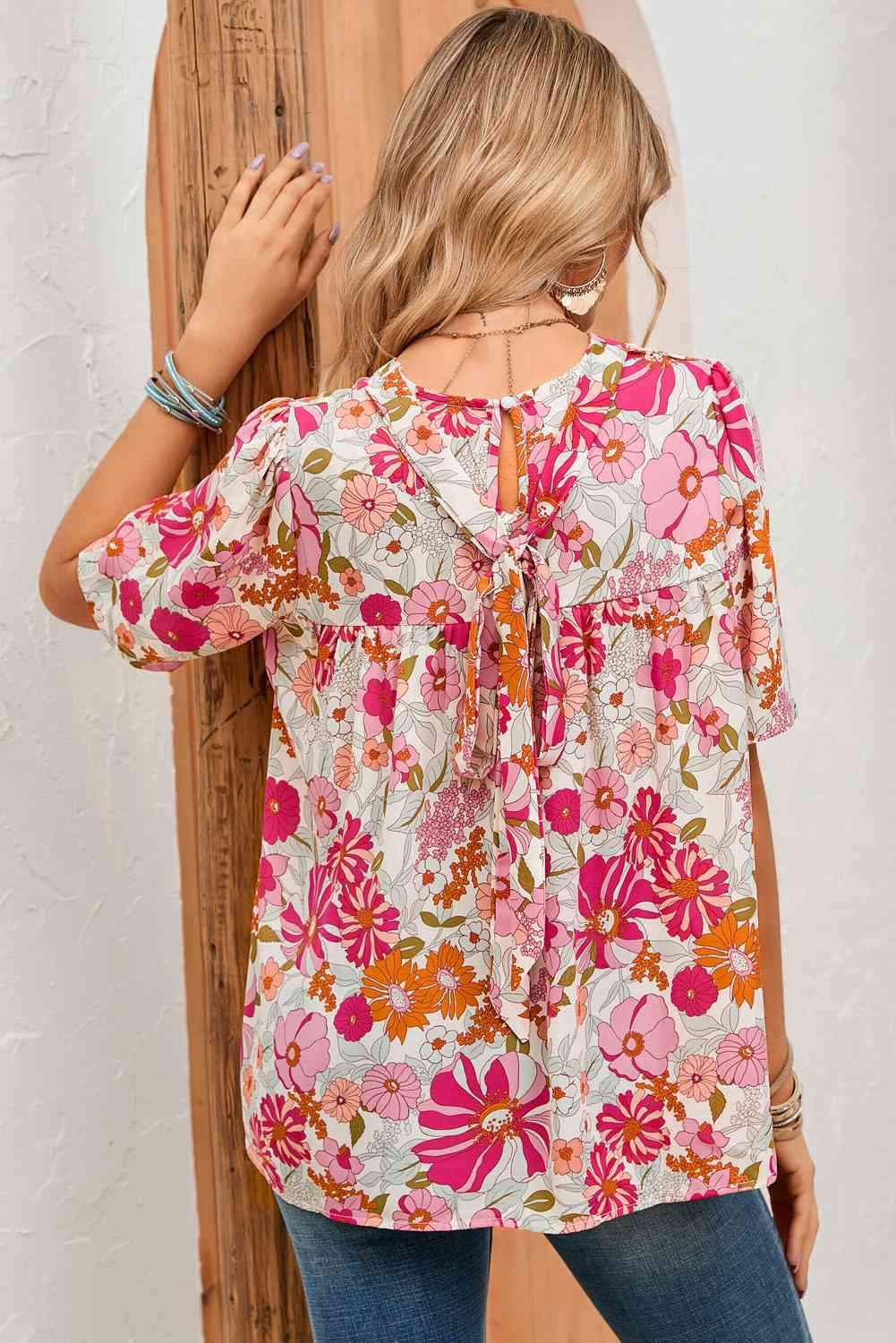 Floral Puff Sleeve Tied Blouse Blouses - Tophatter Daily Deals