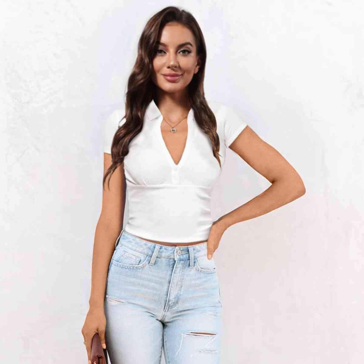 Buttoned Johnny Collar Short Sleeve Top White Women's T-Shirts - Tophatter Daily Deals