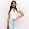 Buttoned Johnny Collar Short Sleeve Top White Women's T-Shirts - Tophatter Daily Deals