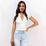 Buttoned Johnny Collar Short Sleeve Top White Women's T-Shirts - Tophatter Daily Deals