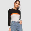 Color Block Round Neck Long Sleeve Tee Black White Women's T-Shirts - Tophatter Daily Deals