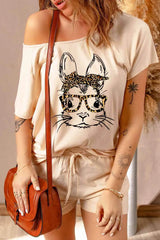 Easter Graphic Boat Neck Tee Beige Women's T-Shirts - Tophatter Daily Deals