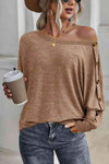 Boat Neck Buttoned Long Sleeve T-Shirt Khaki Women's T-Shirts - Tophatter Daily Deals