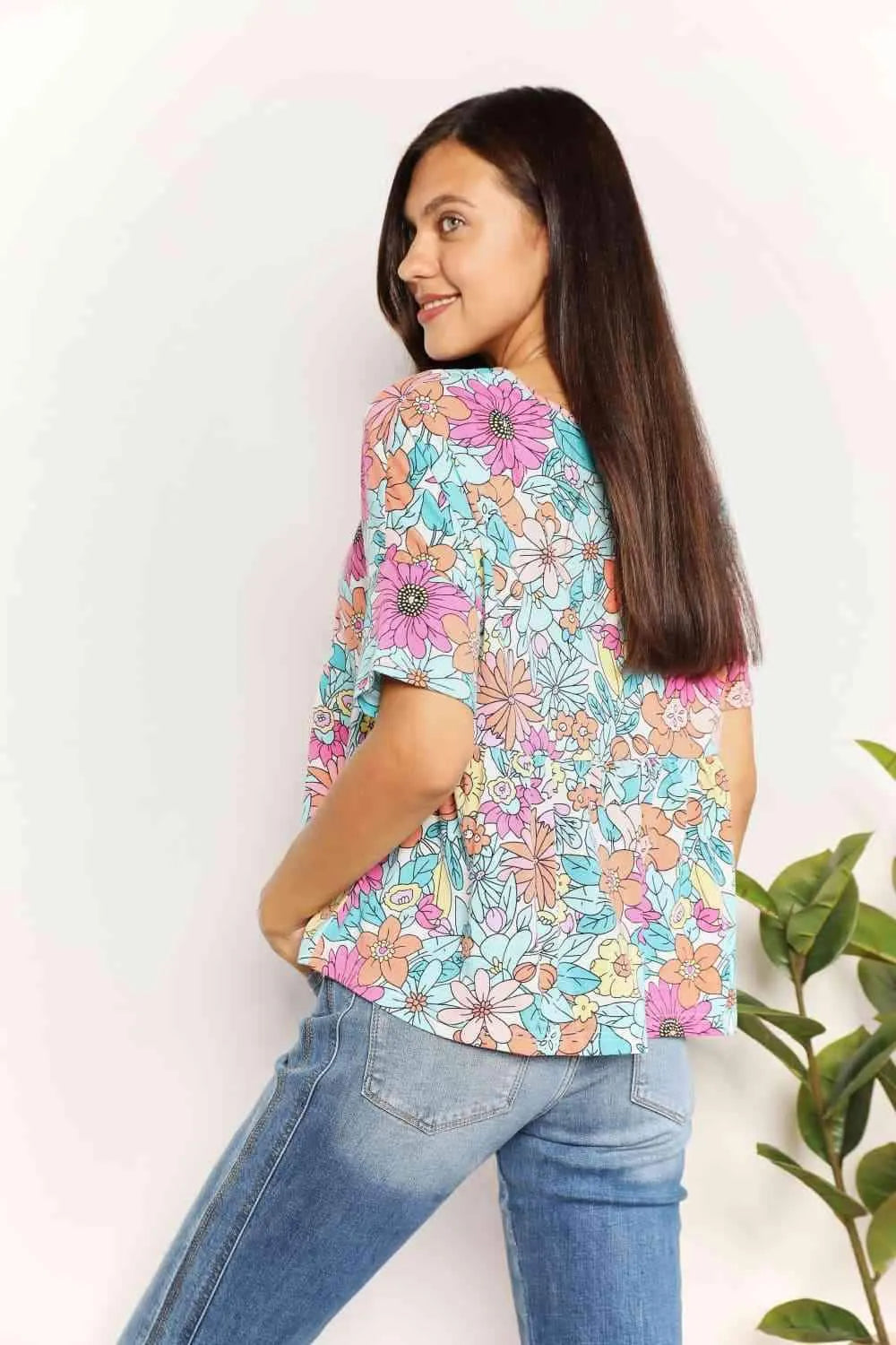 Double Take Floral Round Neck Babydoll Top Blouses - Tophatter Daily Deals
