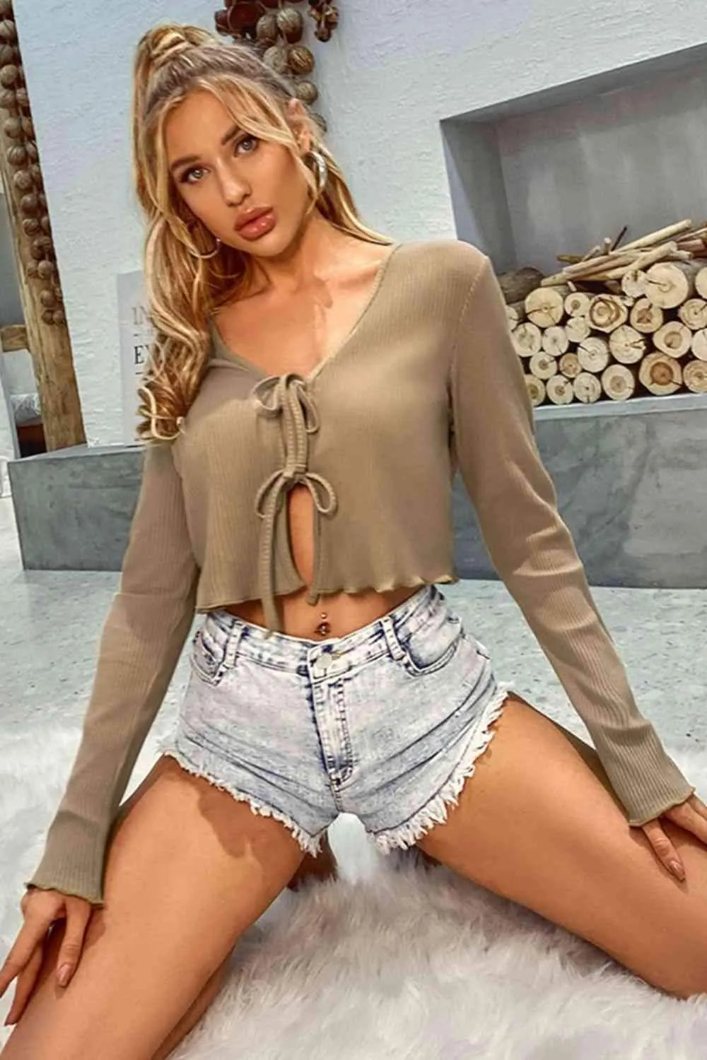 Tied Lettuce Trim Cropped Cardigan Blouses - Tophatter Daily Deals