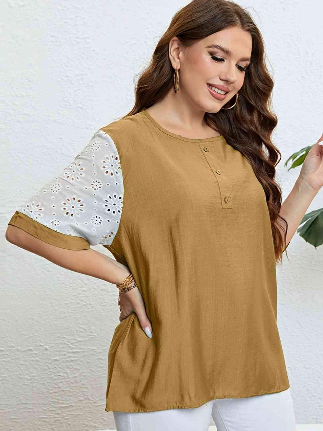 Plus Size Contrast Decorative Button Half Sleeve Top Blouses - Tophatter Daily Deals