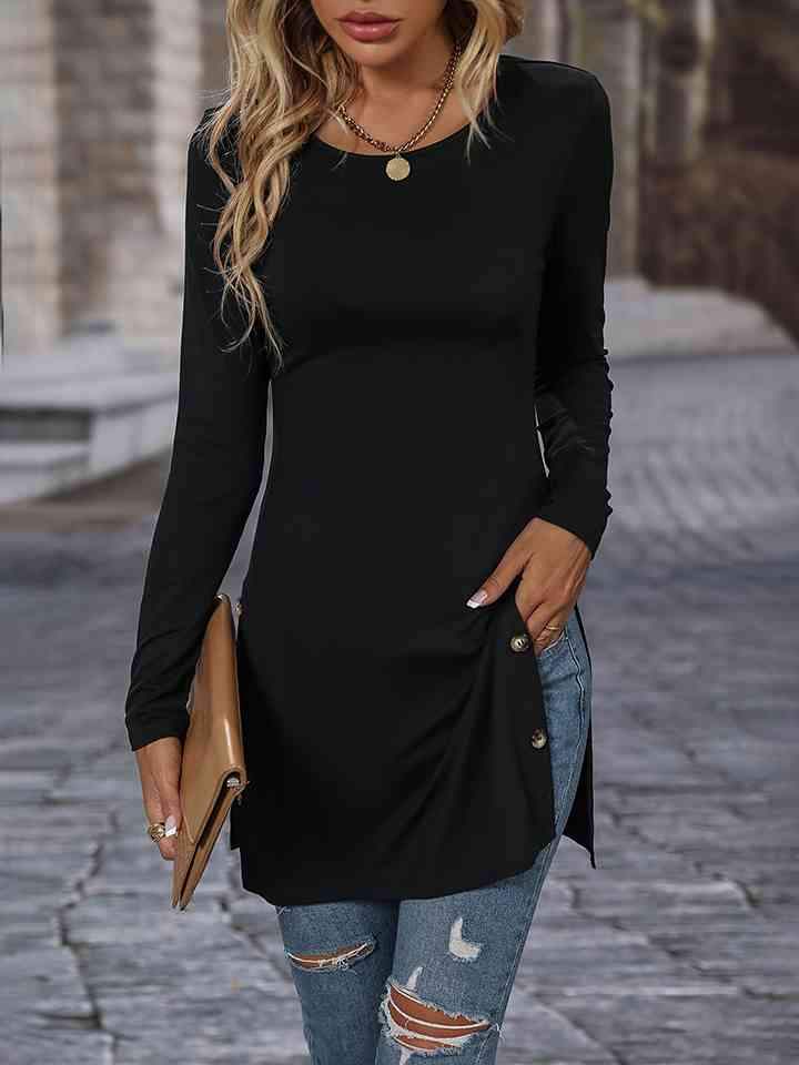 Decorative Button Slit Long Sleeve T-Shirt Black Women's T-Shirts - Tophatter Daily Deals