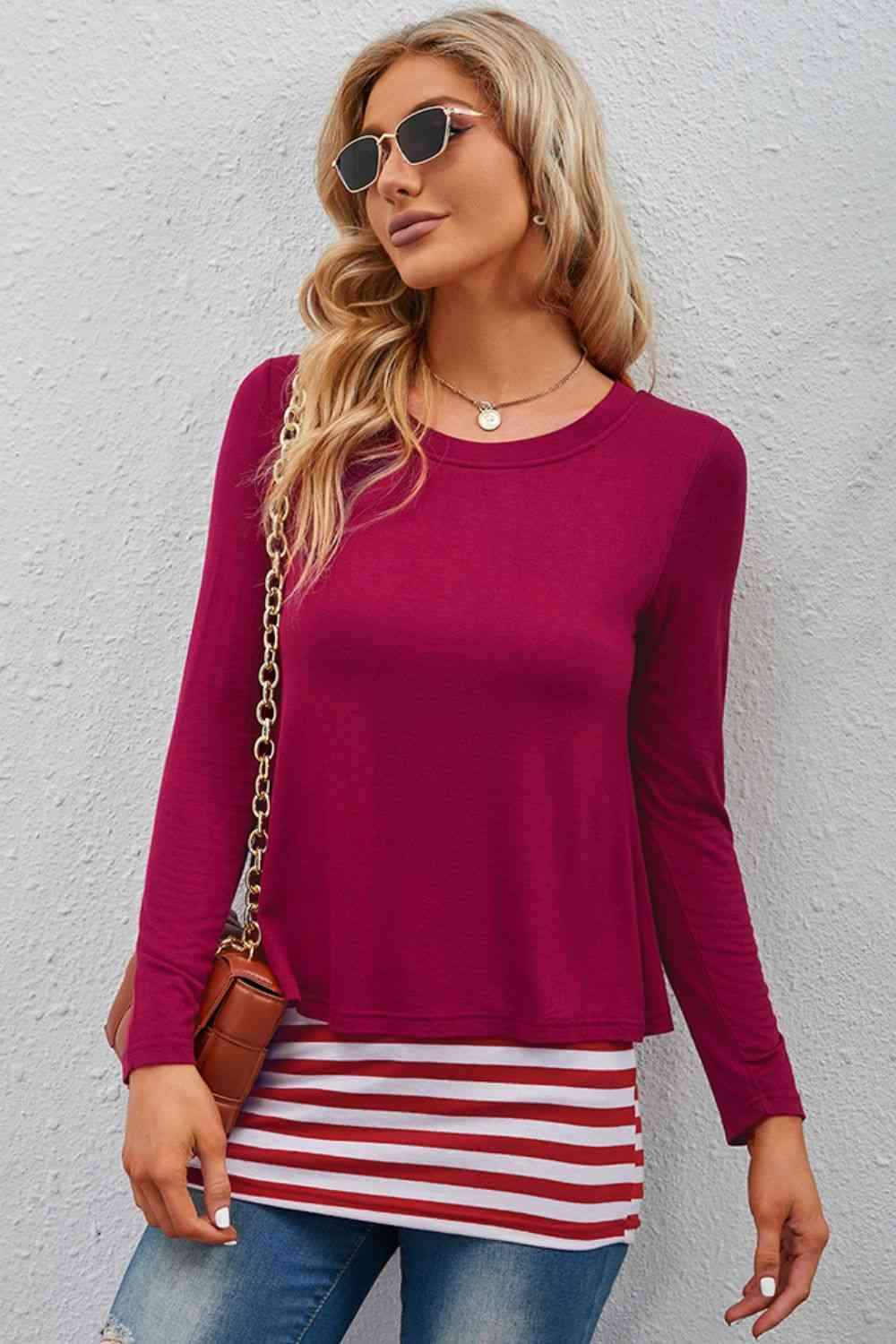 Full Size Striped Faux Layered Long Sleeve Top Wine Women's T-Shirts - Tophatter Daily Deals