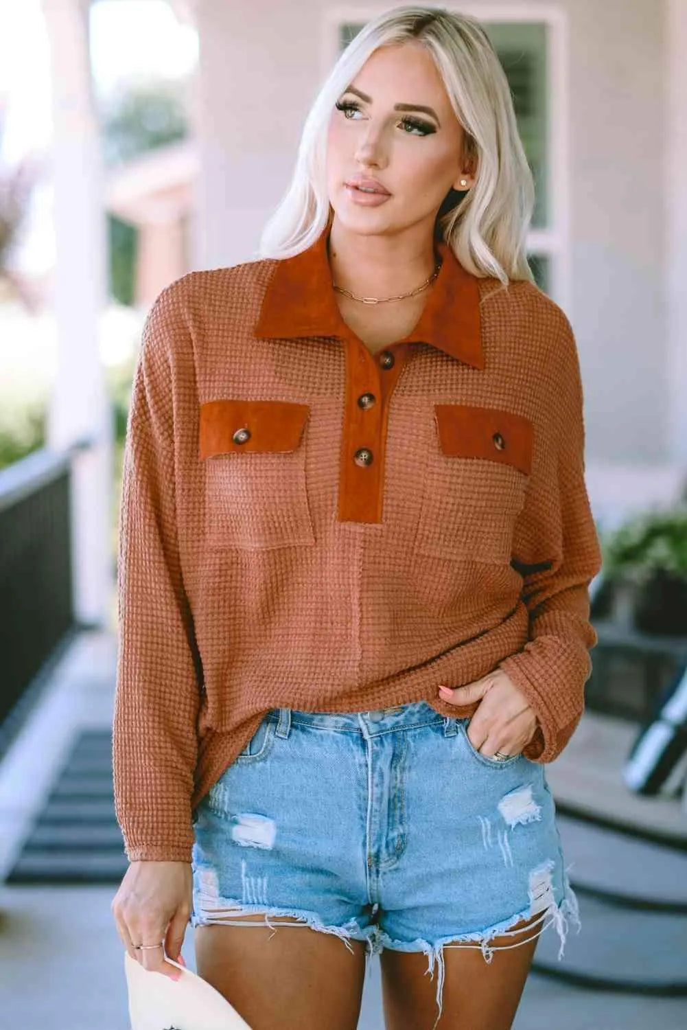 Half-Button Collared Long Sleeve Top Blouses - Tophatter Daily Deals