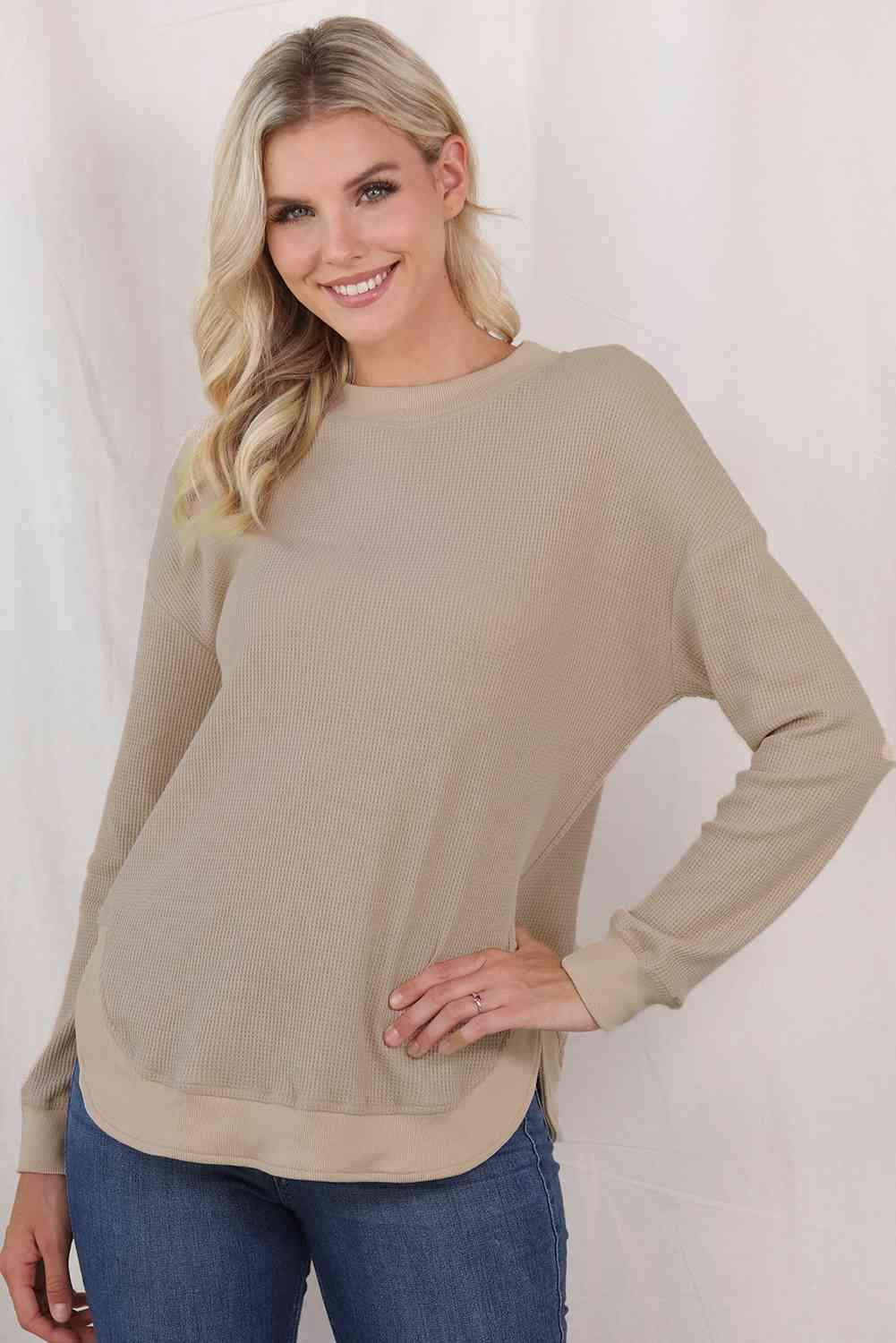 Waffle-Knit Crewneck Drop Shoulder Top Women's T-Shirts - Tophatter Daily Deals