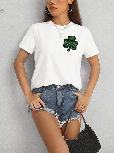 Lucky Clover Round Neck Short Sleeve T-Shirt Women's T-Shirts - Tophatter Daily Deals