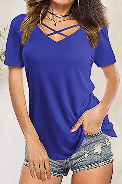 Crisscross Short Sleeve T-Shirt Royal Blue Women's T-Shirts - Tophatter Daily Deals