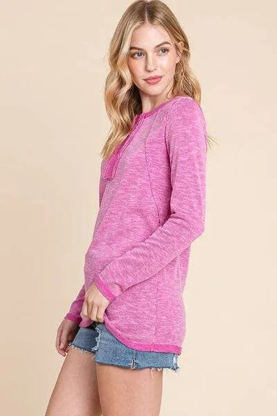 Reborn J Contrast Trim Half Button Long Sleeve T-Shirt Women's T-Shirts - Tophatter Daily Deals