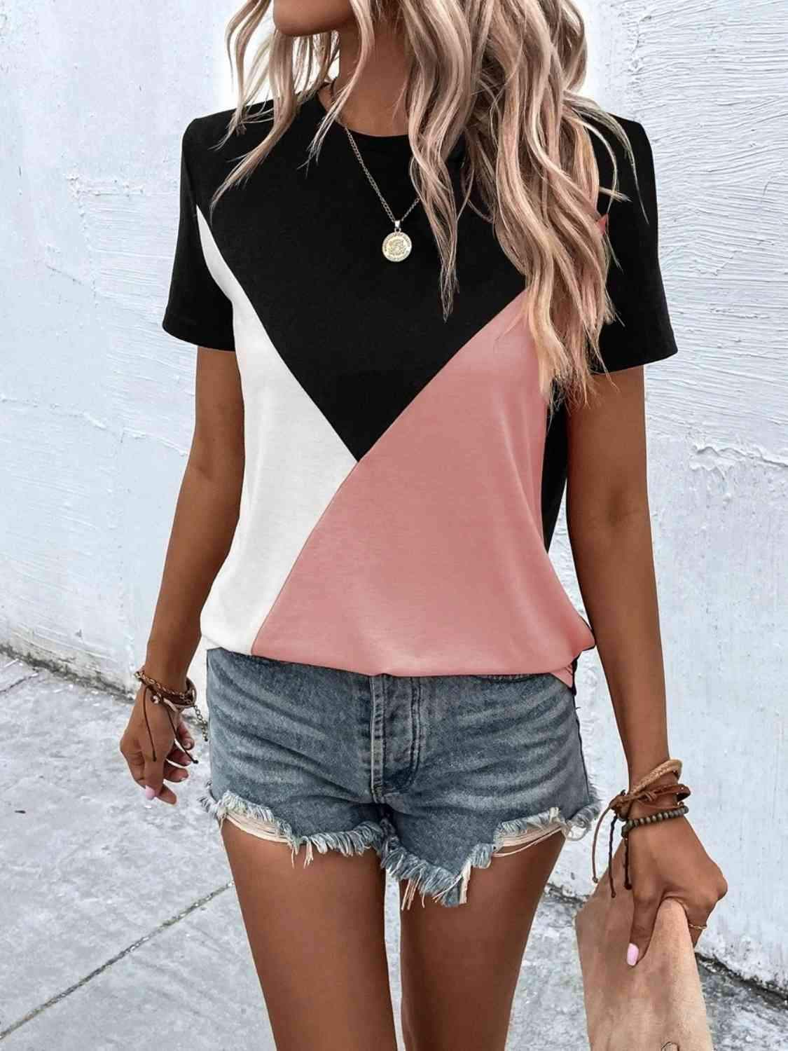 Color Block T-Shirt Women's T-Shirts - Tophatter Daily Deals