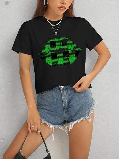 Plaid Lip Graphic Round Neck T-Shirt Women's T-Shirts - Tophatter Daily Deals