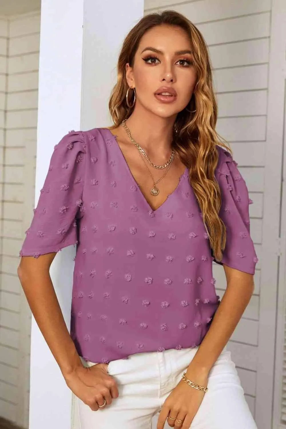 Swiss Dot V-Neck Puff Sleeve Blouse Blouses - Tophatter Daily Deals