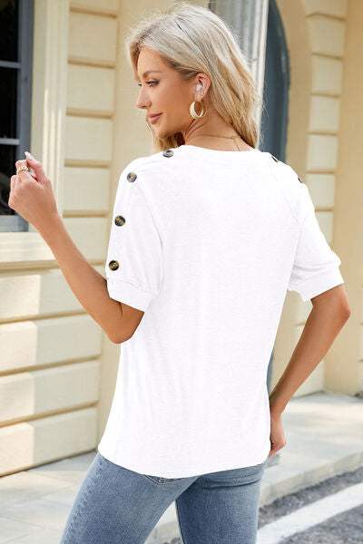 Round Neck Buttoned Short Sleeve T-Shirt Women's T-Shirts - Tophatter Daily Deals