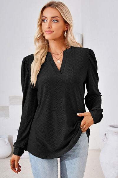 Ruched Notched Long Sleeve T-Shirt Women's T-Shirts - Tophatter Daily Deals