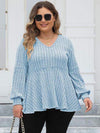 Plus Size Ribbed V-Neck Long Sleeve Blouse Pastel Blue Blouses - Tophatter Daily Deals