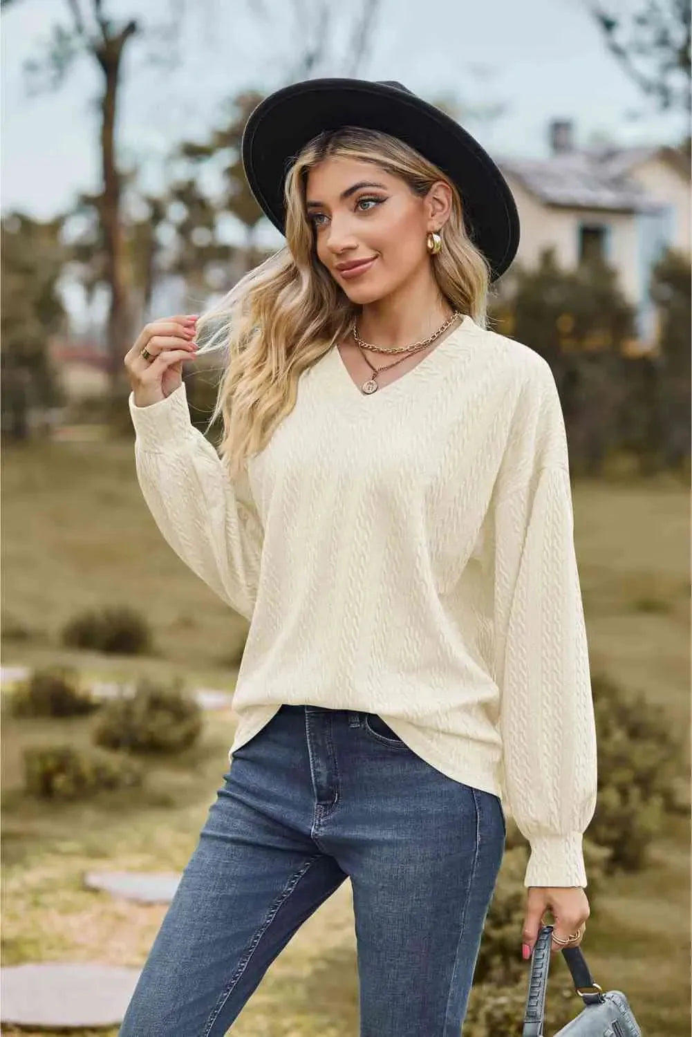 V-Neck Dropped Shoulder Blouse Blouses - Tophatter Daily Deals