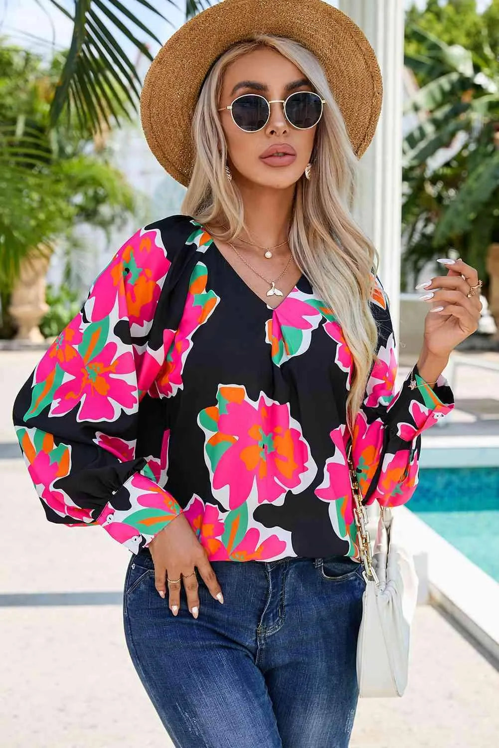 Floral V-Neck Long Sleeve Blouse Blouses - Tophatter Daily Deals