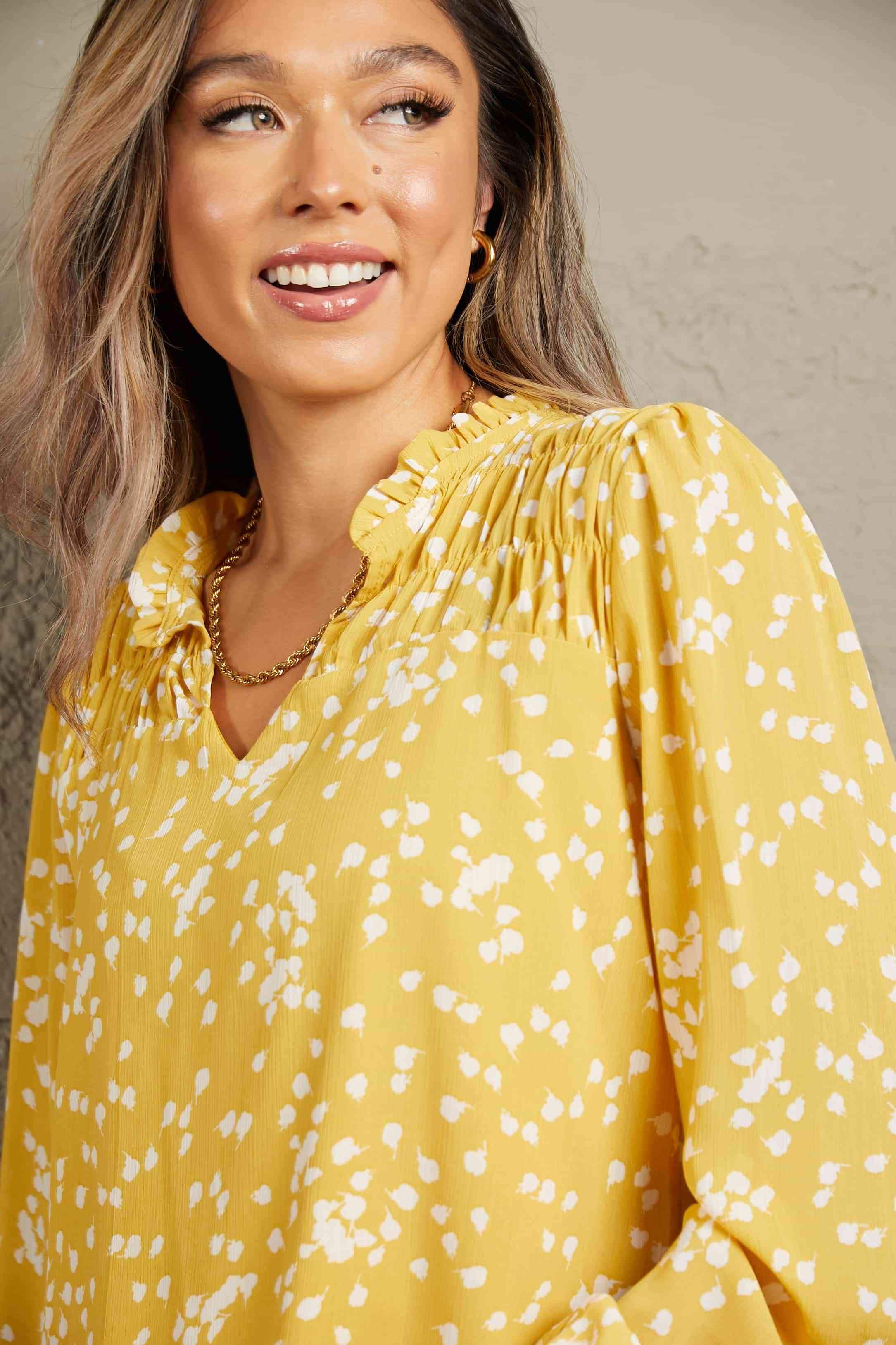 Double Take Printed Notched Neck Smocked Blouse Blouses - Tophatter Daily Deals