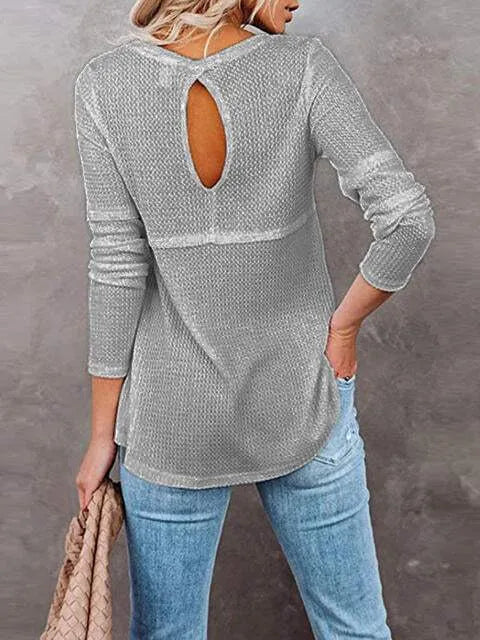 Cutout Round Neck Long Sleeve T-Shirt Women's T-Shirts - Tophatter Daily Deals