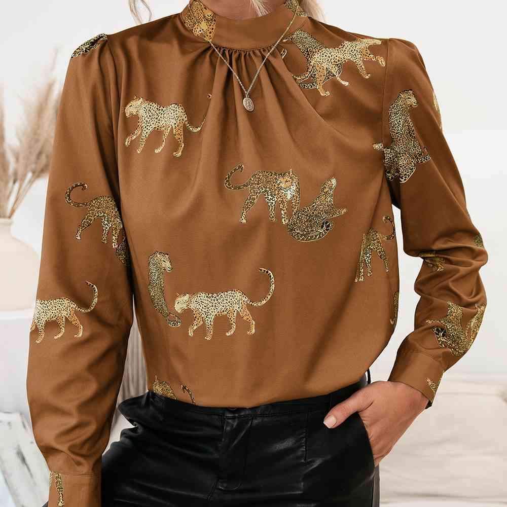 Leopard Graphic Mock Neck Puff Sleeve Blouse Blouses - Tophatter Daily Deals