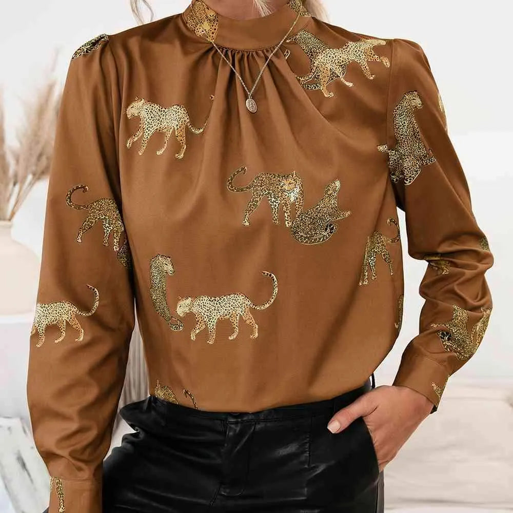Leopard Graphic Mock Neck Puff Sleeve Blouse Blouses - Tophatter Daily Deals