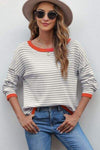 Striped Round Neck Drop Shoulder T-Shirt Blouses - Tophatter Daily Deals