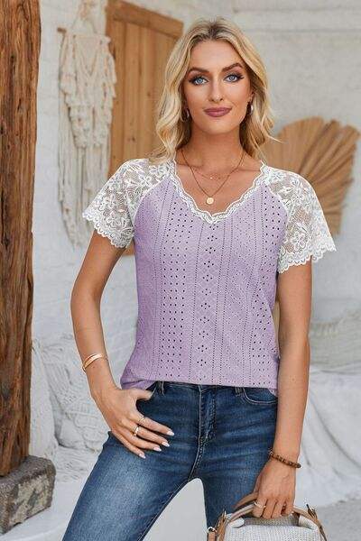 Eyelet V-Neck Lace Short Sleeve T-Shirt Women's T-Shirts - Tophatter Daily Deals