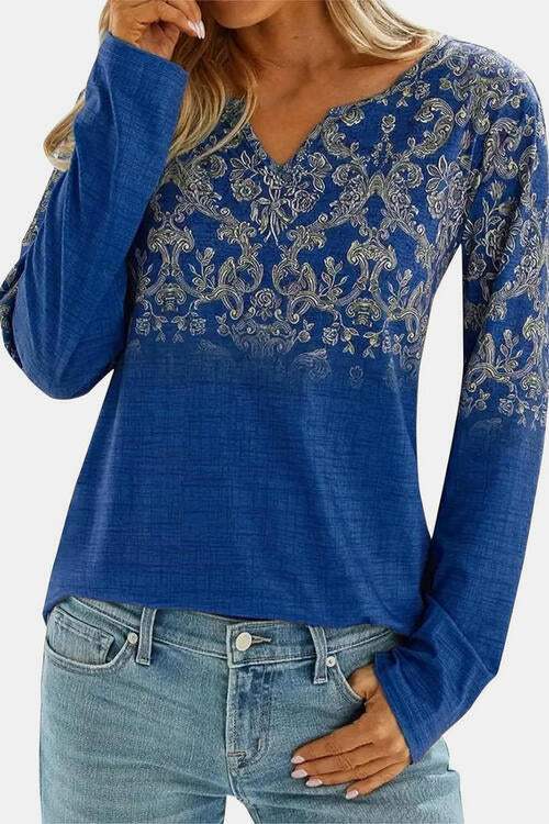 Printed Notched Long Sleeve T-Shirt Peacock Blue Women's T-Shirts - Tophatter Daily Deals