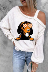 Graphic Asymmetrical Neck Long Sleeve Top White Women's T-Shirts - Tophatter Daily Deals