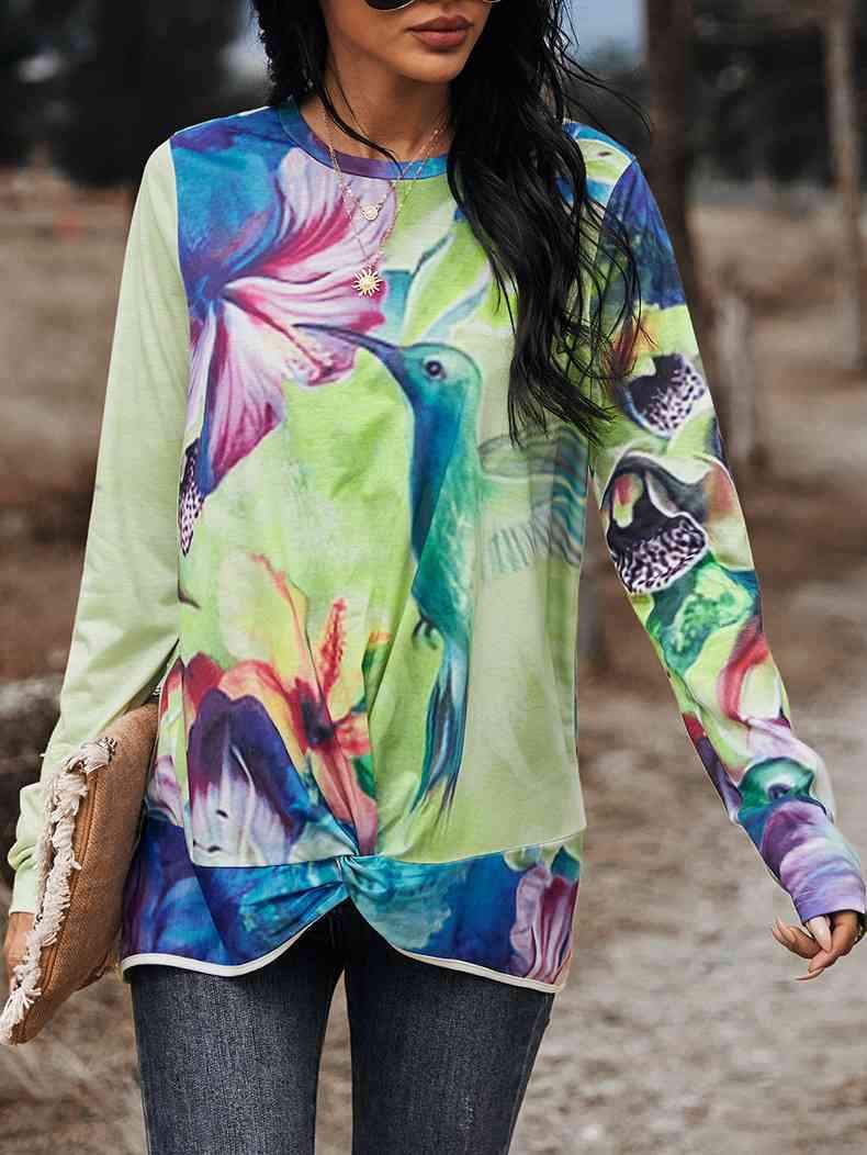 Hummingbird Floral Print Long Sleeve Tee Mint Green Women's T-Shirts - Tophatter Daily Deals