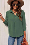 Textured Johnny Collar Three-Quarter Sleeve Blouse Blouses - Tophatter Daily Deals